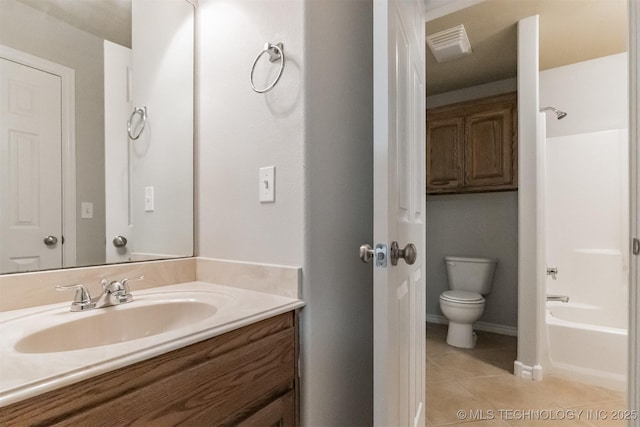 bathroom with visible vents, tile patterned flooring, vanity, toilet, and tub / shower combination