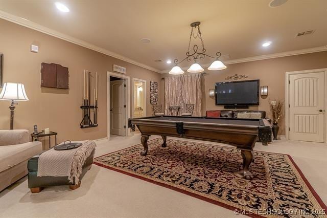 11615 S New Haven Ave, Tulsa, OK 74137 - playroom featuring carpet, recessed lighting, pool table, visible vents, and ornamental molding