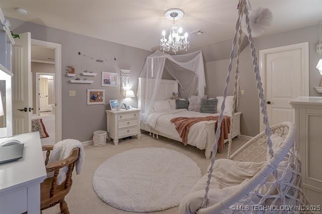11615 S New Haven Ave, Tulsa, OK 74137 - bedroom featuring baseboards, light colored carpet, and a notable chandelier