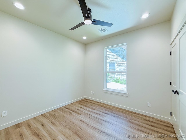 empty room featuring visible vents, light wood-style floors, baseboards, ceiling fan, and recessed lighting