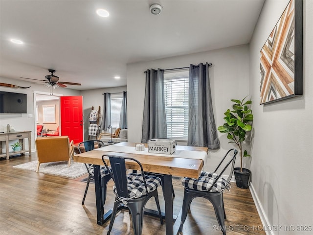 dining area with recessed lighting, baseboards, ceiling fan, and wood finished floors