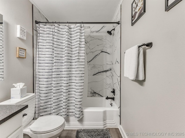 full bath with vanity, toilet, and shower / tub combo with curtain
