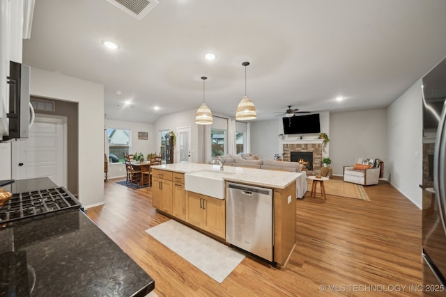 kitchen featuring a sink, light wood-style floors, a stone fireplace, stainless steel appliances, and visible vents