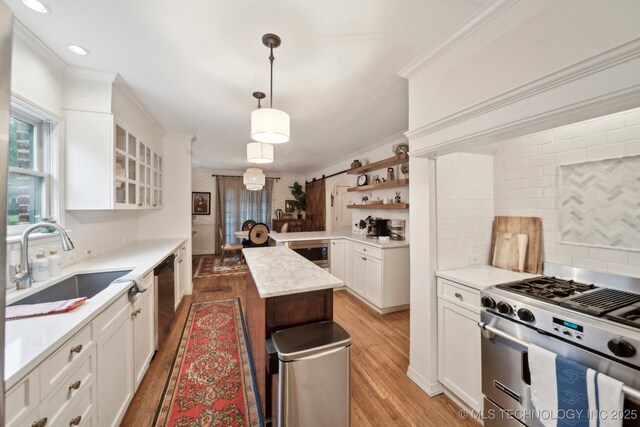 kitchen with crown molding, stainless steel appliances, a sink, and light wood-style flooring
