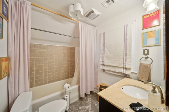 full bathroom with shower / tub combo with curtain, vanity, toilet, and visible vents