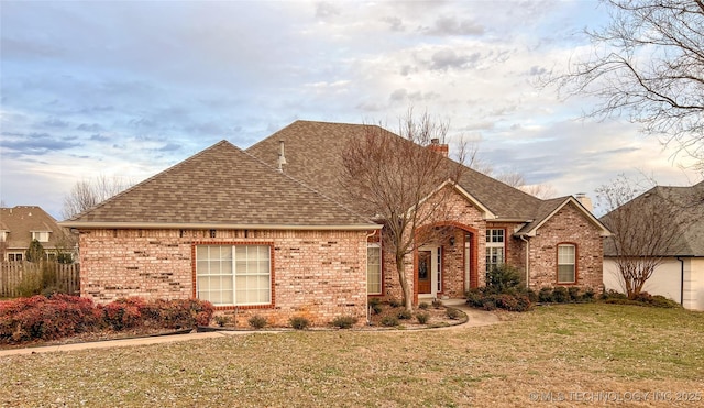 view of front of home featuring roof with shingles, brick siding, and a chimney