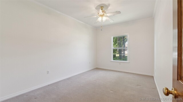 9219 N 134th E Ave, Owasso, OK 74055 - empty room with crown molding, light carpet, ceiling fan, and baseboards