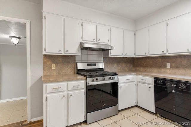 kitchen featuring gas range, under cabinet range hood, white cabinets, tasteful backsplash, and dishwasher