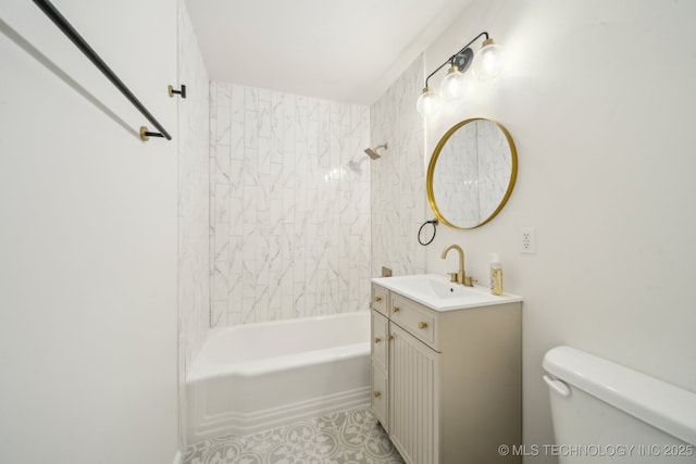 bathroom with shower / bathtub combination, tile patterned flooring, vanity, and toilet