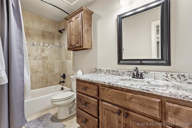full bath with vanity, toilet, and shower / bathtub combination with curtain