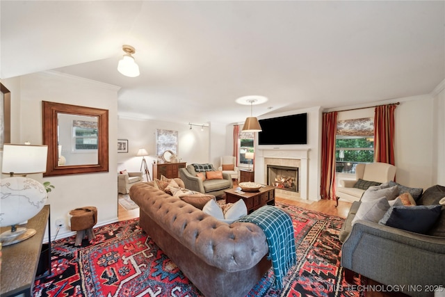 2252 S Troost Ave, Tulsa, OK 74114 - living area featuring crown molding, a tiled fireplace, and wood finished floors