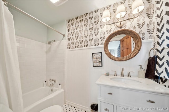 2252 S Troost Ave, Tulsa, OK 74114 - bathroom featuring vanity, shower / bathtub combination with curtain, and toilet