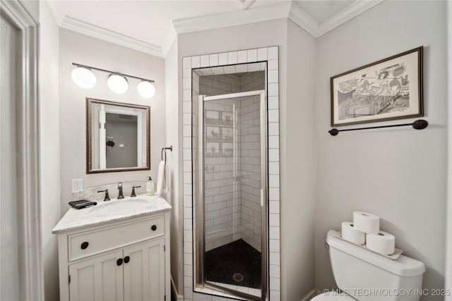 2252 S Troost Ave, Tulsa, OK 74114 - bathroom featuring crown molding, vanity, toilet, and a shower stall