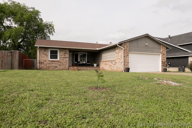 ranch-style house with brick siding, an attached garage, fence, and a front yard