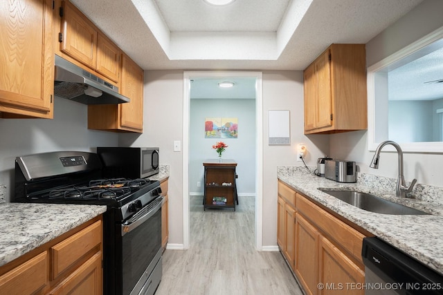 kitchen featuring light wood-style floors, baseboards, under cabinet range hood, a sink, and appliances with stainless steel finishes