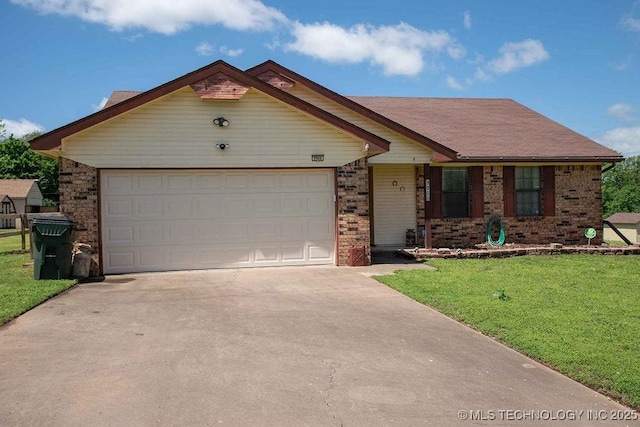 single story home featuring brick siding, an attached garage, driveway, and a front yard