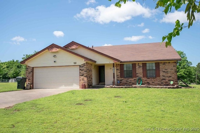 ranch-style house with brick siding, a front yard, and a garage