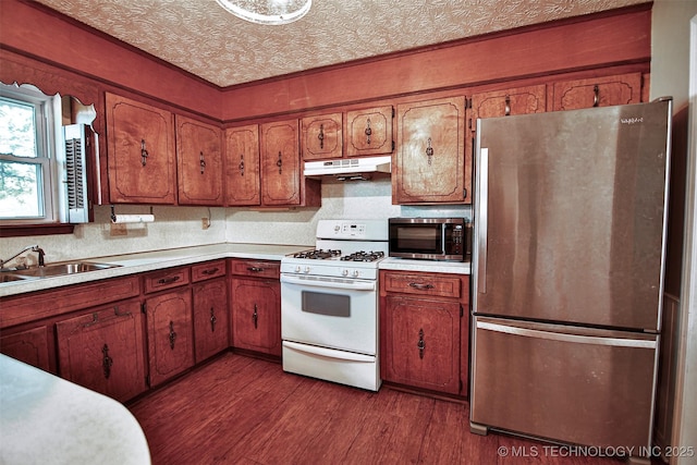 kitchen with appliances with stainless steel finishes, a sink, light countertops, under cabinet range hood, and dark wood-type flooring