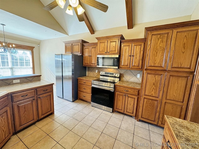 kitchen featuring stainless steel appliances, brown cabinetry, tasteful backsplash, light tile patterned floors, and ceiling fan