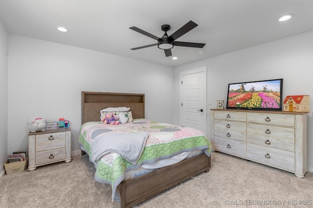 bedroom with recessed lighting, carpet flooring, a ceiling fan, and a closet