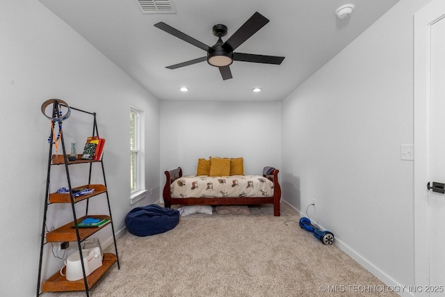 carpeted bedroom with baseboards, ceiling fan, recessed lighting, and visible vents