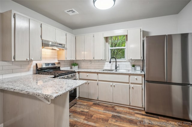 kitchen with visible vents, under cabinet range hood, tasteful backsplash, a sink, and appliances with stainless steel finishes