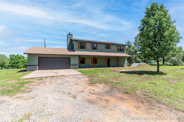 view of front of property featuring a porch, driveway, a chimney, a garage, and brick siding