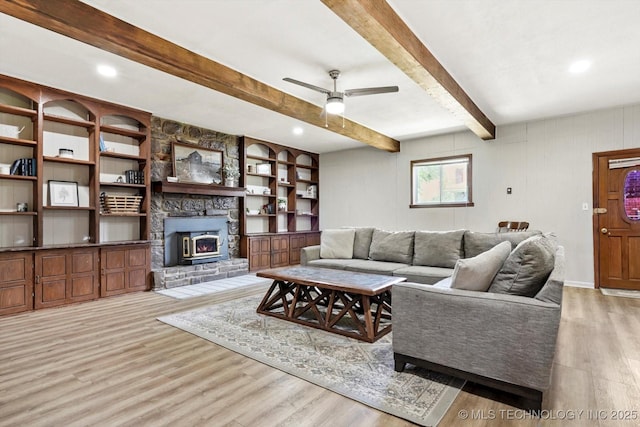 4604 Maple Dr, Sand Springs, OK 74063 - living room with a ceiling fan, beam ceiling, recessed lighting, and light wood-style flooring
