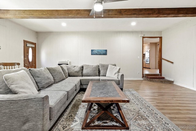 4604 Maple Dr, Sand Springs, OK 74063 - living room featuring ceiling fan, recessed lighting, baseboards, wood finished floors, and beamed ceiling