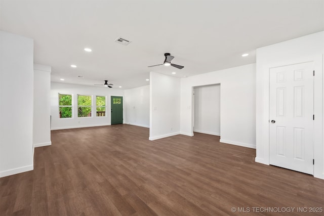 unfurnished living room featuring visible vents, dark wood-style flooring, baseboards, ceiling fan, and recessed lighting
