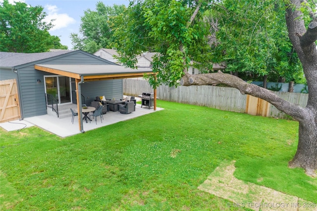 view of yard with a fenced backyard and a patio