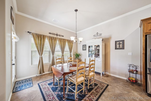 dining space with crown molding, baseboards, a notable chandelier, and visible vents