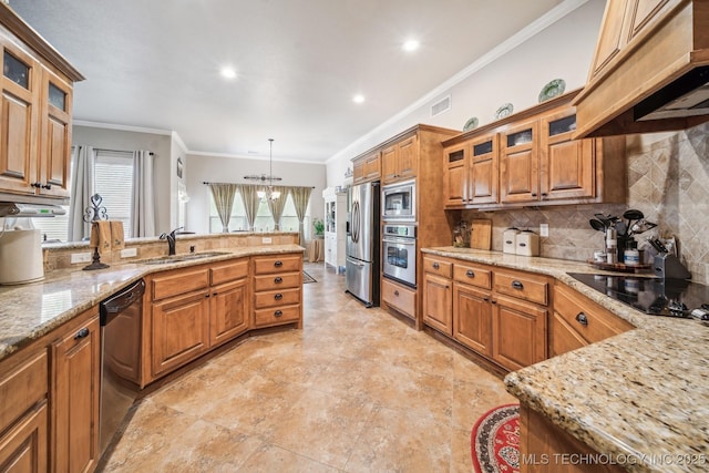 kitchen featuring crown molding, appliances with stainless steel finishes, a sink, brown cabinetry, and visible vents