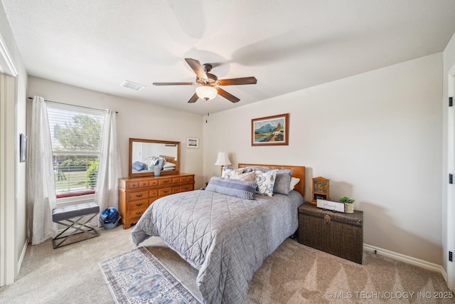 bedroom with carpet flooring, ceiling fan, and visible vents