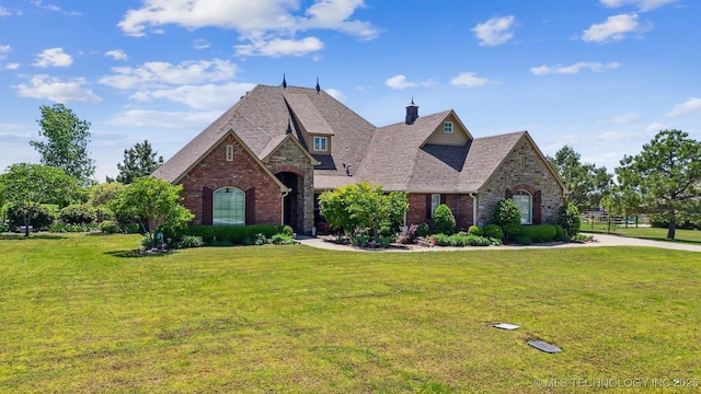 french country style house with stone siding, brick siding, and a front yard
