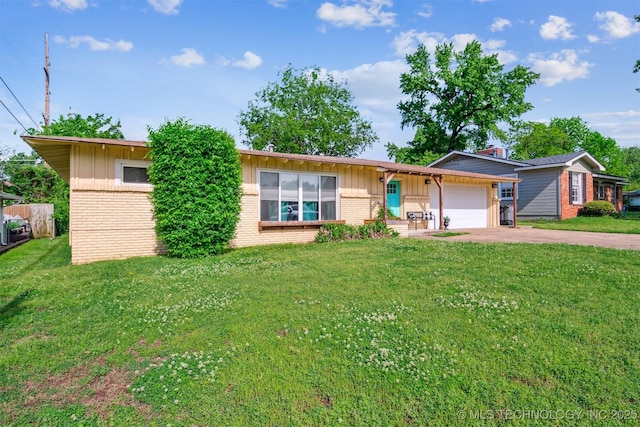 ranch-style house with brick siding, an attached garage, board and batten siding, and driveway