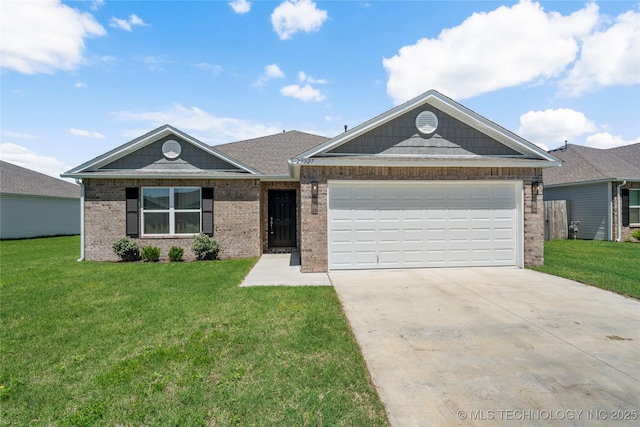29327 E 80th St SE, Broken Arrow, OK 74014 - ranch-style house with brick siding, a front lawn, an attached garage, and driveway