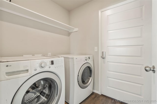 29327 E 80th St SE, Broken Arrow, OK 74014 - laundry area featuring washing machine and clothes dryer, dark wood-style flooring, laundry area, and baseboards