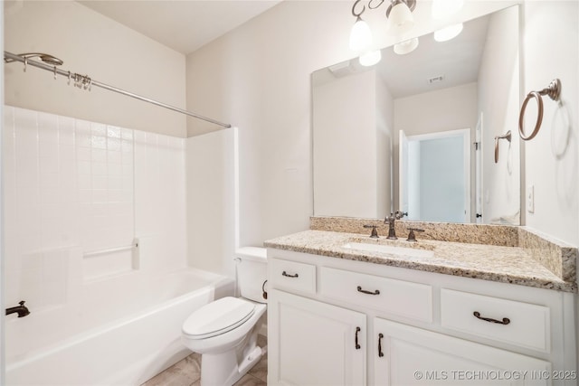 full bathroom featuring visible vents, shower / bathtub combination, toilet, and vanity