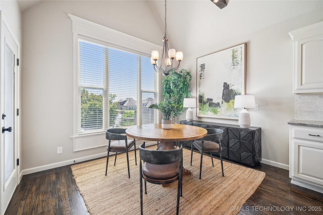 dining space with an inviting chandelier, dark wood-style flooring, and baseboards