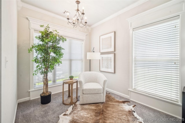 living area with carpet floors, crown molding, visible vents, and an inviting chandelier