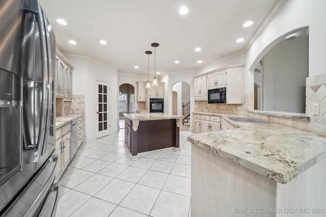 8655 E 103rd St, Tulsa, OK 74133 - kitchen with black appliances, crown molding, arched walkways, decorative backsplash, and recessed lighting