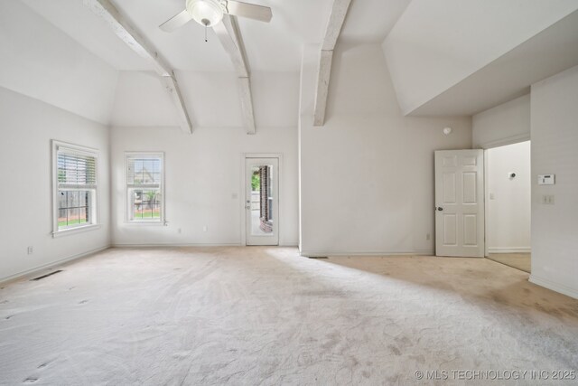 8655 E 103rd St, Tulsa, OK 74133 - carpeted empty room featuring high vaulted ceiling, ceiling fan, baseboards, and beamed ceiling