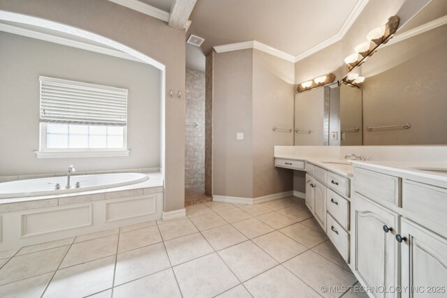 8655 E 103rd St, Tulsa, OK 74133 - bathroom with ornamental molding, double vanity, tile patterned flooring, a bath, and walk in shower