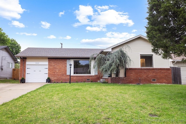 ranch-style house with brick siding, an attached garage, driveway, and a front lawn