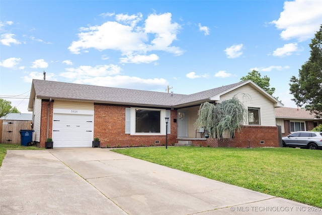single story home with roof with shingles, an attached garage, brick siding, a front yard, and concrete driveway