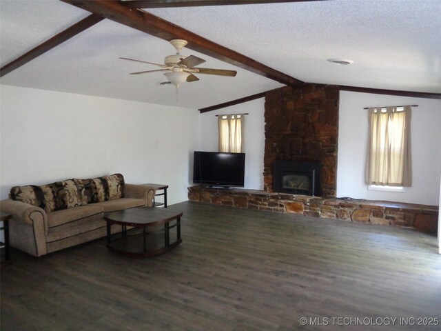 177 Lakeaire Dr, Eufaula, OK 74432 - living area with ceiling fan, lofted ceiling with beams, wood finished floors, and a fireplace