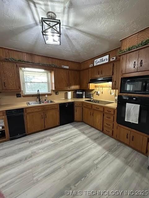 kitchen with brown cabinets, a sink, black appliances, under cabinet range hood, and light wood-style flooring