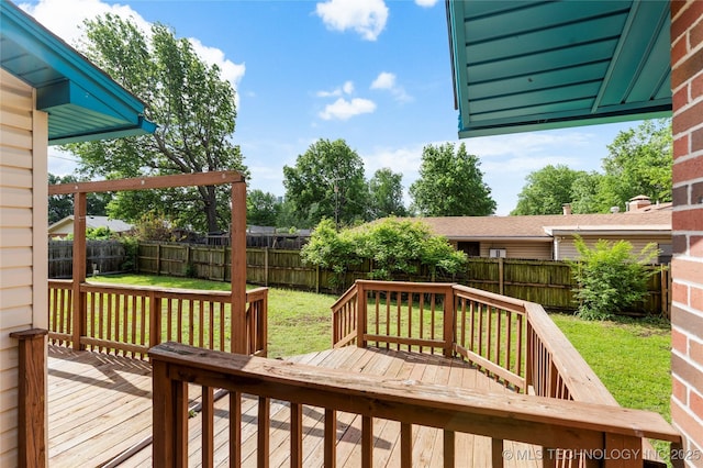 wooden deck featuring a lawn and a fenced backyard