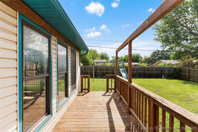 wooden deck featuring a lawn and a fenced backyard